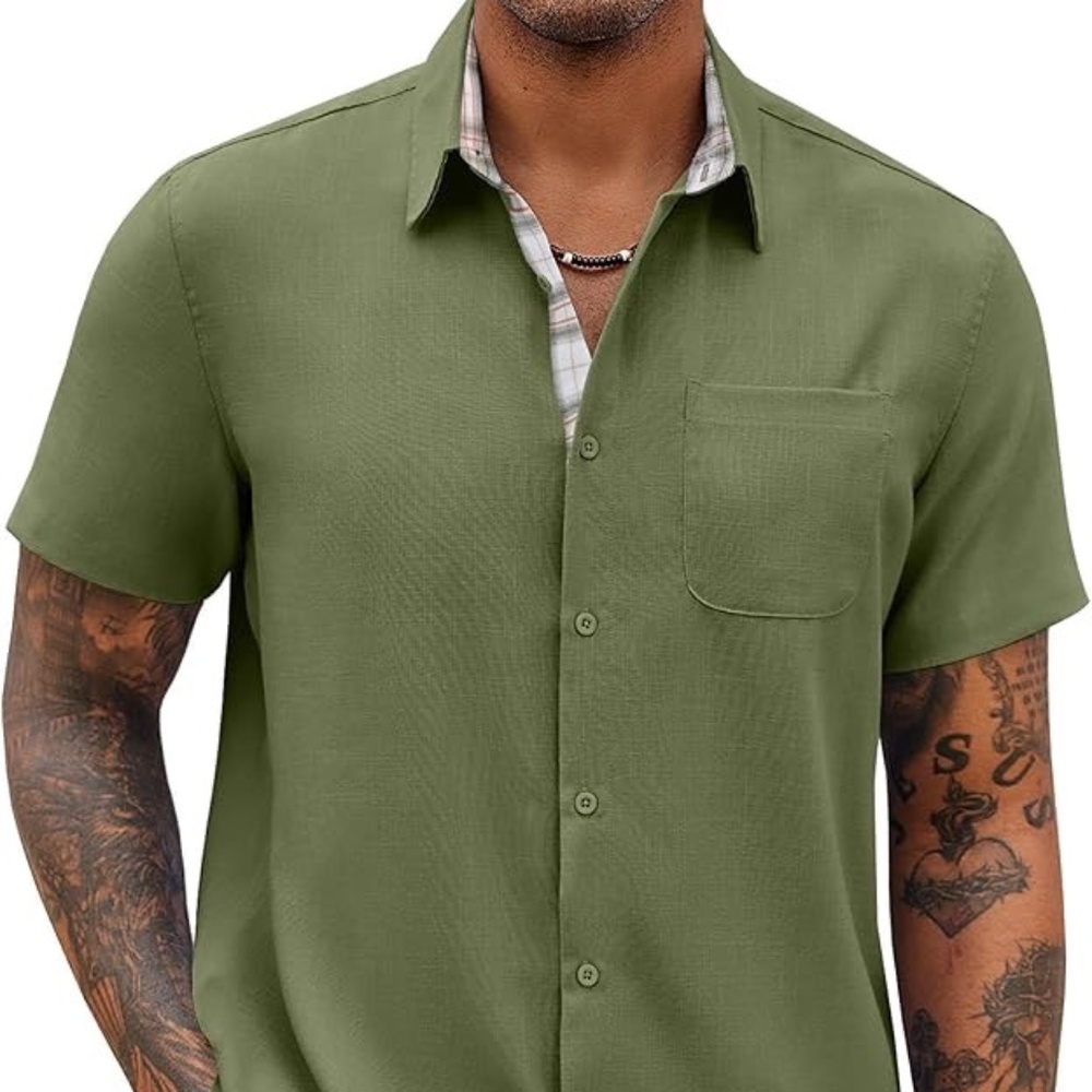 Men's Army Green Button Up Short Sleeved Shirt 2XL
